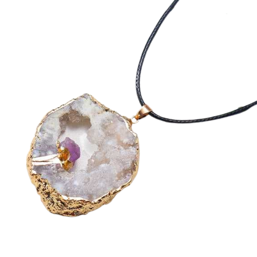 Agate Cluster Pendant with Raw Amethyst Crystal